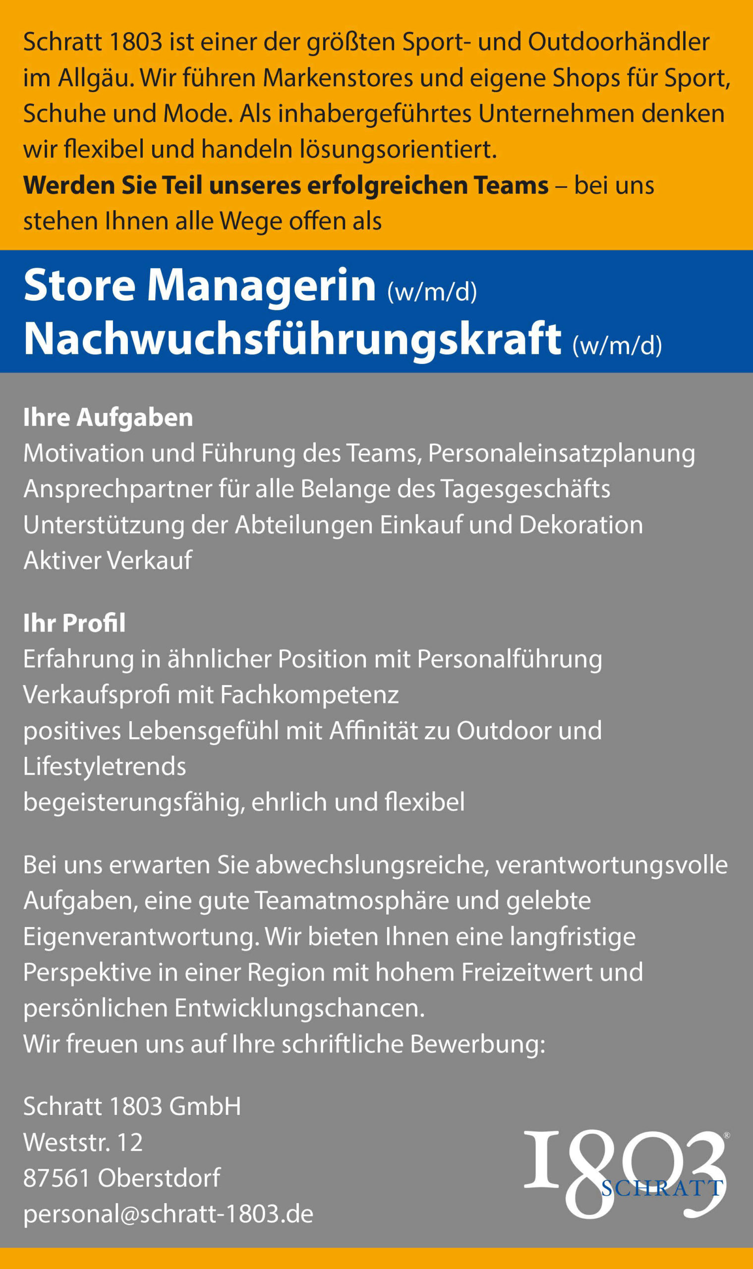 Stellenanzeige Store ManagerIn Nachwuchsführungskraft wmd Schratt 1803 GmbH